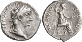 Tiberius, 14-37. Denarius (Silver, 18 mm, 3.64 g, 4 h), Lugdunum. [TI CAESAR] DIVI AVG F AVGVSTVS Laureate head of Tiberius to right. Rev. PONTIF MAXI...
