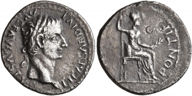 Tiberius, 14-37. Denarius (Silver, 18 mm, 3.26 g, 6 h), Lugdunum. TI CAESAR DIVI...