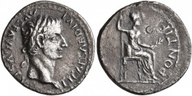 Tiberius, 14-37. Denarius (Silver, 18 mm, 3.26 g, 6 h), Lugdunum. TI CAESAR DIVI AVG F AVGVSTVS Laureate head of Tiberius to right. Rev. PONTIF [MAXIM...