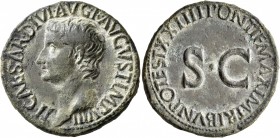 Tiberius, AD 14-37. As (Copper, 29 mm, 10.93 g, 1 h), Rome, circa 21-22. TI CAESAR•DIVI•AVG•F AVGVST IMP VIII Bare head of Tiberius to left. Rev. PONT...
