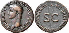Germanicus, died 19. As (Copper, 29 mm, 11.41 g, 6 h), Rome, struck under Caligula, 40-41. GERMANICVS CAESAR TI AVG F DIVI AVG N Bare head of Germanic...