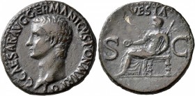 Gaius (Caligula), 37-41. As (Copper, 28 mm, 11.00 g, 7 h), Rome. C CAESAR AVG GERMANICVS PON M TR POT Bare head of Gaius to left. Rev. VESTA / S - C V...
