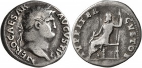 Nero, 54-68. Denarius (Silver, 18 mm, 3.13 g, 7 h), Rome, 64-65. NERO CAESAR AVGVSTVS Laureate head of Nero to right. Rev. IVPPITER CVSTOS Jupiter sea...