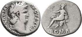 Nero, 54-68. Denarius (Silver, 18 mm, 3.19 g, 6 h), Rome, 64-65. NERO CAESAR AVGVSTVS Laureate head of Nero to right. Rev. ROMA Roma seated to left on...