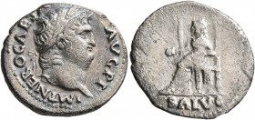 Nero, 54-68. Denarius (Silver, 19 mm, 3.00 g, 5 h), Rome, 67-68. IMP NERO CAESAR AVG P P Laureate head of Nero to right. Rev. SALVS Salus seated left ...