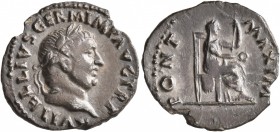 Vitellius, 69. Denarius (Silver, 19 mm, 2.41 g, 7 h), Rome. A VITELLIVS GERM IMP AVG TR P Laureate head of Vitellius to right. Rev. PONT MAXIM Vesta s...