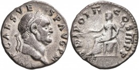 Vespasian, 69-79. Denarius (Silver, 18 mm, 2.43 g, 7 h), Rome, January-June 71. IMP CAES VESP AVG P M Laureate head of Vespasian to right. Rev. TRI PO...