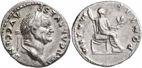 Vespasian, 69-79. Denarius (Silver, 19 mm, 3.13 g, 11 h), Rome, 73. IMP CAES VESP AVG CENS Laureate head of Vespasian to right. Rev. PONTIF MAX Vespas...
