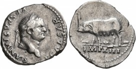 Titus, as Caesar, 69-79. Denarius (Silver, 19 mm, 2.69 g, 6 h), Rome, July 77-December 78. T CAESAR VESPASIANVS Laureate head of Titus to right. Rev. ...