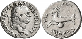 Vespasian, 69-79. Denarius (Silver, 19 mm, 3.11 g, 7 h), Rome, 79. IMP CAESAR VESPASIANVS AVG Laureate head of Vespasian to right. Rev. TR POT X COS V...