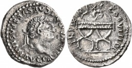 Titus, 79-81. Denarius (Silver, 18 mm, 3.45 g, 6 h), Rome, January-June 80. IMP TITVS CAES VESPASIAN AVG P M Laureate head of Titus to right. Rev. TR ...