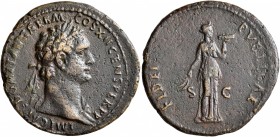 Domitian, 81-96. As (Copper, 29 mm, 10.84 g, 7 h), Rome, 87. IMP CAES DOMIT AVG GERM COS XIII CENS PER P P Laureate head of Domitian to right, with ae...