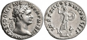 Domitian, 81-96. Denarius (Silver, 19 mm, 3.25 g, 7 h), Rome, September 92-September 93. IMP CAES DOMIT AVG GERM P M TR P XII Laureate head of Domitia...