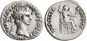 Nerva, 96-98. Denarius (Silver, 19 mm, 3.21 g, 7 h), Rome, 96. IMP NERVA CAES AVG P M TR P COS II P P Laureate head of Nerva to right. Rev. IVSTITIA A...