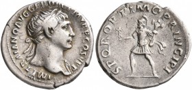 Trajan, 98-117. Denarius (Silver, 19 mm, 2.93 g, 7 h), Rome, circa 107. IMP TRAIANO AVG GER DAC P M TR P COS V P P Laureate head of Trajan to right, w...