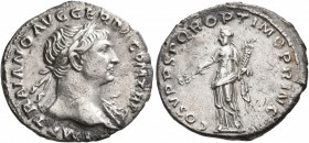 Trajan, 98-117. Denarius (Silver, 19 mm, 2.57 g, 7 h), Rome, 108-109. IMP TRAIANO AVG GER DAC P M TR P Laureate head of Trajan to right, with slight d...