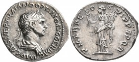 Trajan, 98-117. Denarius (Silver, 18 mm, 3.11 g, 6 h), Rome, 114-116. IMP CAES NER TRAIANO OPTIM AVG GER DAC Laureate and draped bust of Trajan to rig...