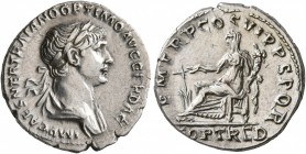 Trajan, 98-117. Denarius (Silver, 18 mm, 3.18 g, 7 h), Rome, 114-116. IMP CAES NER TRAIANO OPTIMO AVG GER DAC Laureate and draped bust of Trajan to ri...