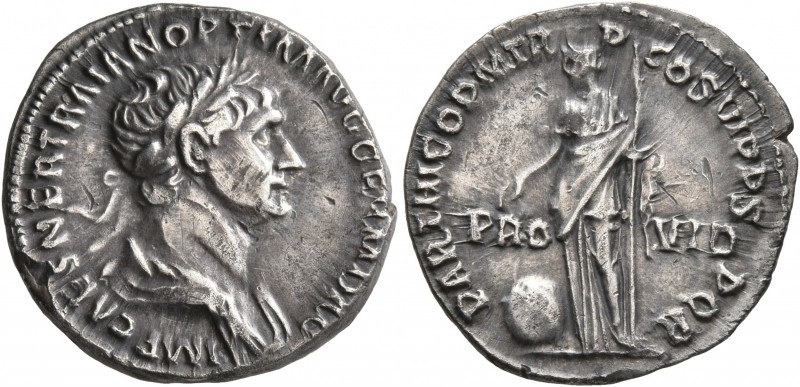 Trajan, 98-117. Denarius (Silver, 19 mm, 3.30 g, 7 h), Rome, 116. IMP CAES NER T...