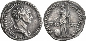Trajan, 98-117. Denarius (Silver, 19 mm, 3.30 g, 7 h), Rome, 116. IMP CAES NER TRAIAN OPTIM AVG GER DAC PARTHICO Laureate and draped bust of Trajan to...