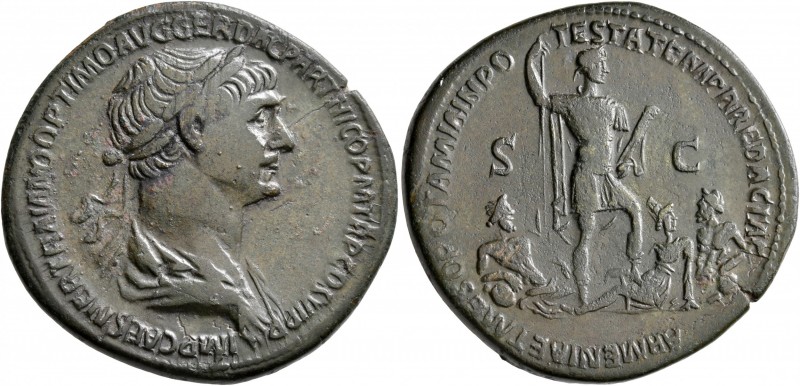 Trajan, 98-117. Sestertius (Orichalcum, 34 mm, 20.94 g, 7 h), Rome, 116-117. IMP...