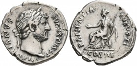 Hadrian, 117-138. Denarius (Silver, 19 mm, 3.51 g, 6 h), Rome, circa 128-129. HADRIANVS AVGVSTVS P P Laureate head of Hadrian to right. Rev. PATIENTIA...