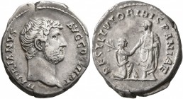 Hadrian, 117-138. Denarius (Silver, 18 mm, 3.37 g, 7 h), Rome, circa 130-133. HADRIANVS AVG COS III P P Bare head of Hadrian to right. Rev. RESTITVTOR...