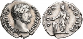 Hadrian, 117-138. Denarius (Silver, 18 mm, 3.33 g, 6 h), Rome, 137-July 138. HADRIANVS AVG COS III P P Bare head of Hadrian to right. Rev. VOTA PVBLIC...