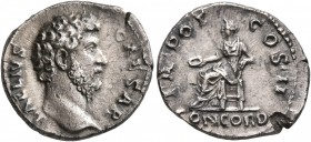 Aelius, Caesar, 136-138. Denarius (Silver, 18 mm, 3.13 g, 6 h), Rome, 137. L AELIVS CAESAR Bare head of Aelius to right. Rev. TR POT COS II / CONCORD ...