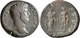 Aelius, Caesar, 136-138. Sestertius (Orichalcum, 32 mm, 28.78 g, 6 h), Rome, 137. L AELIVS CAESAR Bare head of Aelius to right. Rev. TR POT COS II / S...