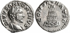 Divus Antoninus Pius, died 161. Denarius (Silver, 18 mm, 3.26 g, 6 h), Rome, struck under Marcus Aurelius. DIVVS ANTONINVS Bare head of Divus Antoninu...