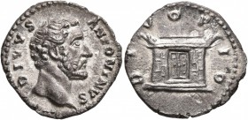 Divus Antoninus Pius, died 161. Denarius (Silver, 17 mm, 2.69 g, 6 h), Rome, struck under Marcus Aurelius. DIVVS ANTONINVS Bare head of Divus Antoninv...