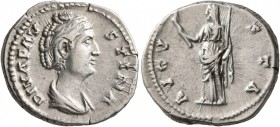 Diva Faustina Senior, died 140/1. Denarius (Silver, 18 mm, 3.77 g, 6 h), Rome. DIVA FAVSTINA Diademed and draped bust of Diva Faustina to right. Rev. ...