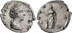 Diva Faustina Senior, died 140/1. Denarius (Silver, 18 mm, 2.93 g, 6 h), Rome. DIVA FAVSTINA Draped bust of Diva Faustina to right. Rev. AVGVSTA Pieta...
