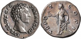 Marcus Aurelius, as Caesar, 139-161. Denarius (Silver, 18 mm, 3.21 g, 5 h), Rome, 146-147. AVRELIVS CAESAR AVG PII F Bare head of Marcus Aurelius to r...