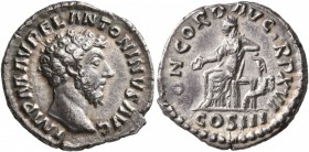 Marcus Aurelius, 161-180. Denarius (Silver, 18 mm, 2.75 g, 12 h), Rome, March-December 161. IMP M AVREL ANTONINVS AVG Bare head of Marcus Aurelius to ...