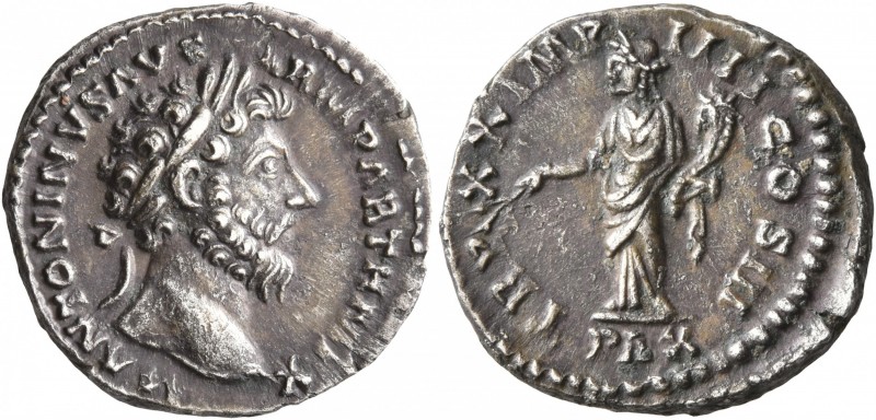 Marcus Aurelius, 161-180. Denarius (Silver, 18 mm, 3.28 g, 7 h), Rome, Summer-De...