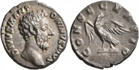 Divus Marcus Aurelius, died 180. Denarius (Silver, 17 mm, 2.87 g, 6 h), Rome, struck under Commodus, circa 180. DIVVS M ANTONINVS PIVS Bare head of Di...