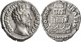 Divus Marcus Aurelius, died 180. Denarius (Silver, 18 mm, 3.76 g, 12 h), Rome, 180. DIVVS M ANTONINVS PIVS Bare head of Divus Marcus Aurelius to right...