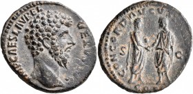Lucius Verus, 161-169. As (Copper, 26 mm, 11.00 g, 7 h), Rome, 161-162. IMP CAES L AVREL VERVS AVG Bare head of Lucius Verus to right. Rev. CONCORD AV...