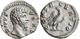 Divus Lucius Verus, died 169. Denarius (Silver, 19 mm, 3.01 g, 6 h), Rome, struck under Marcus Aurelius, 169. DIVVS VERVS Bare head of Divus Lucius Ve...