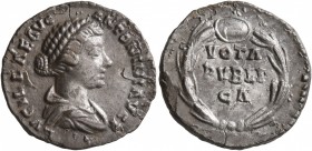 Lucilla, Augusta, 164-182. Denarius (Silver, 18 mm, 2.61 g, 6 h), Rome. LVCILLAE AVG ANTONINI AVG F Draped bust of Lucilla to right. Rev. VOTA / PVBLI...