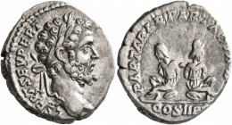 Septimius Severus, 193-211. Denarius (Silver, 18 mm, 3.00 g, 6 h), Rome, 195. L SEPT SEV PERT [AVG IMP V] Laureate head of Septimius Severus to right....