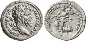 Septimius Severus, 193-211. Denarius (Silver, 19 mm, 3.00 g, 1 h), Rome, early 201. SEVERVS AVG PART MAX Laureate head of Septimius Severus to right. ...