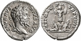 Septimius Severus, 193-211. Denarius (Silver, 18 mm, 3.28 g, 12 h), Rome, 201. SEVERVS PIVS AVG Laureate head of Septimius Severus to right. Rev. PART...