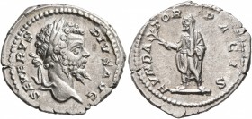 Septimius Severus, 193-211. Denarius (Silver, 20 mm, 3.25 g, 7 h), Rome, 201-202. SEVERVS PIVS AVG Laureate head of Septimius Severus to right. Rev. F...