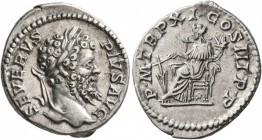 Septimius Severus, 193-211. Denarius (Silver, 19 mm, 3.60 g, 6 h), Rome, 203. SEVERVS PIVS AVG Laureate head of Septimius Severus to right. Rev. P M T...