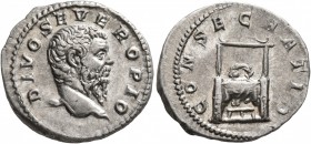 Divus Septimius Severus, died 211. Denarius (Silver, 19 mm, 3.05 g, 6 h), Rome, mid to late 211. DIVO SEVERO PIO Bare head of Septimius Severus to rig...