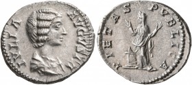 Julia Domna, Augusta, 193-217. Denarius (Silver, 19 mm, 3.27 g, 1 h), Rome, 196-211. IVLIA AVGVSTA Draped bust of Julia Domna to right. Rev. PIETAS PV...