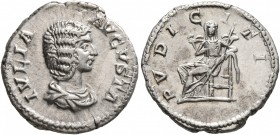 Julia Domna, Augusta, 193-217. Denarius (Silver, 19 mm, 3.20 g, 7 h), Rome, 211-217. IVLIA AVGVSTA Draped bust of Julia Domna to right. Rev. PVDICITIA...